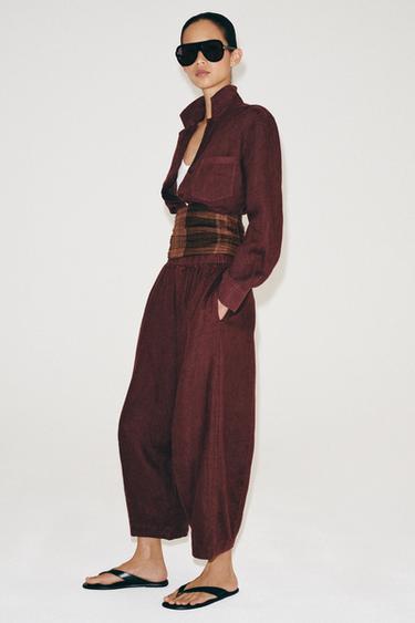 ZW COLLECTION 100% LINEN BARREL TROUSERS - Wine by Zara