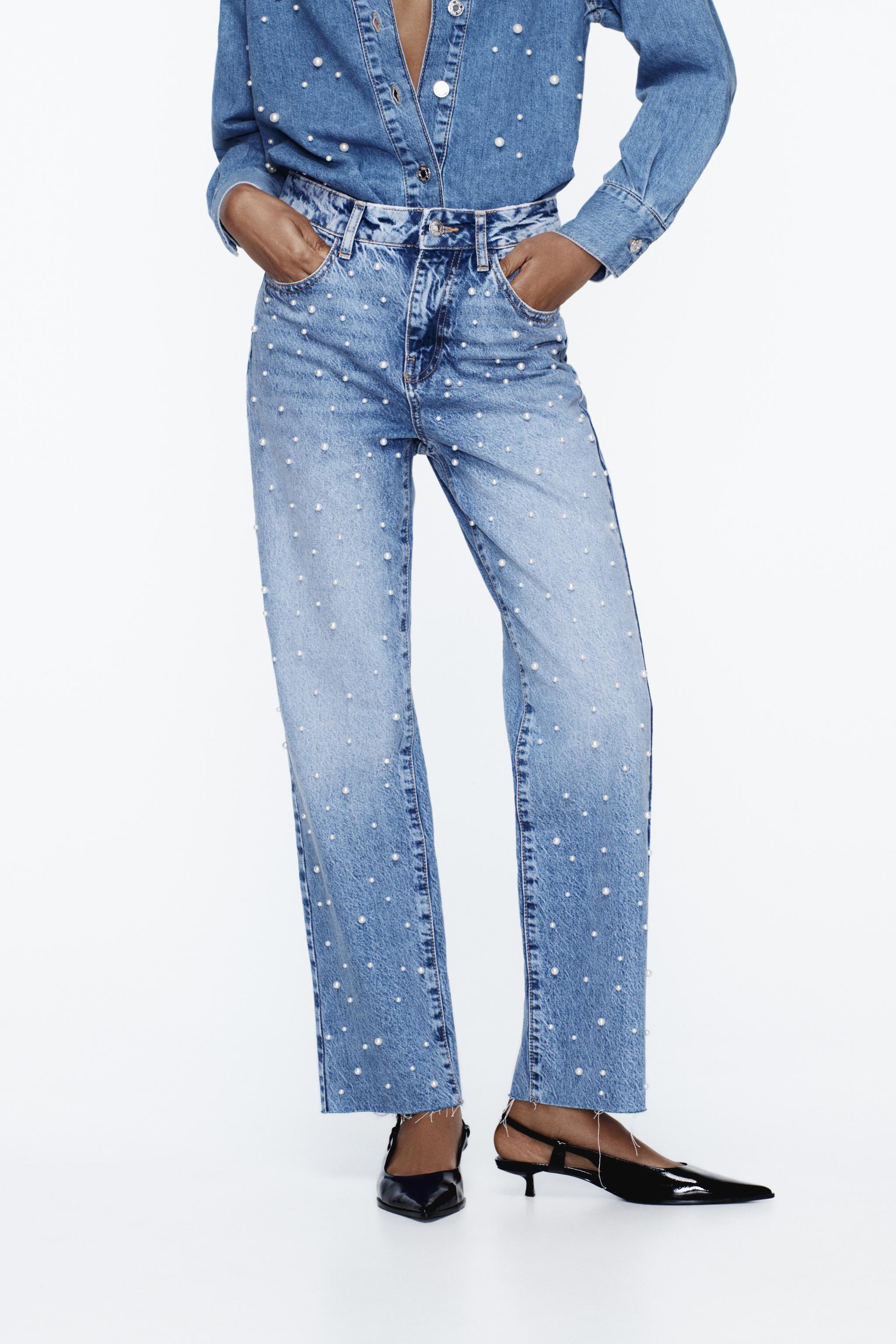 Z1975 STRAIGHT LEG HIGH WAIST JEANS WITH PEARL BEADS Mid blue