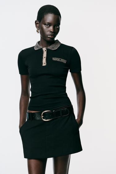 Zara METALLIC THREAD T-SHIRT - Black