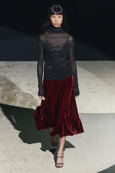 ZW COLLECTION VELVET GODET SKIRT - Burgundy by Zara - Image 0