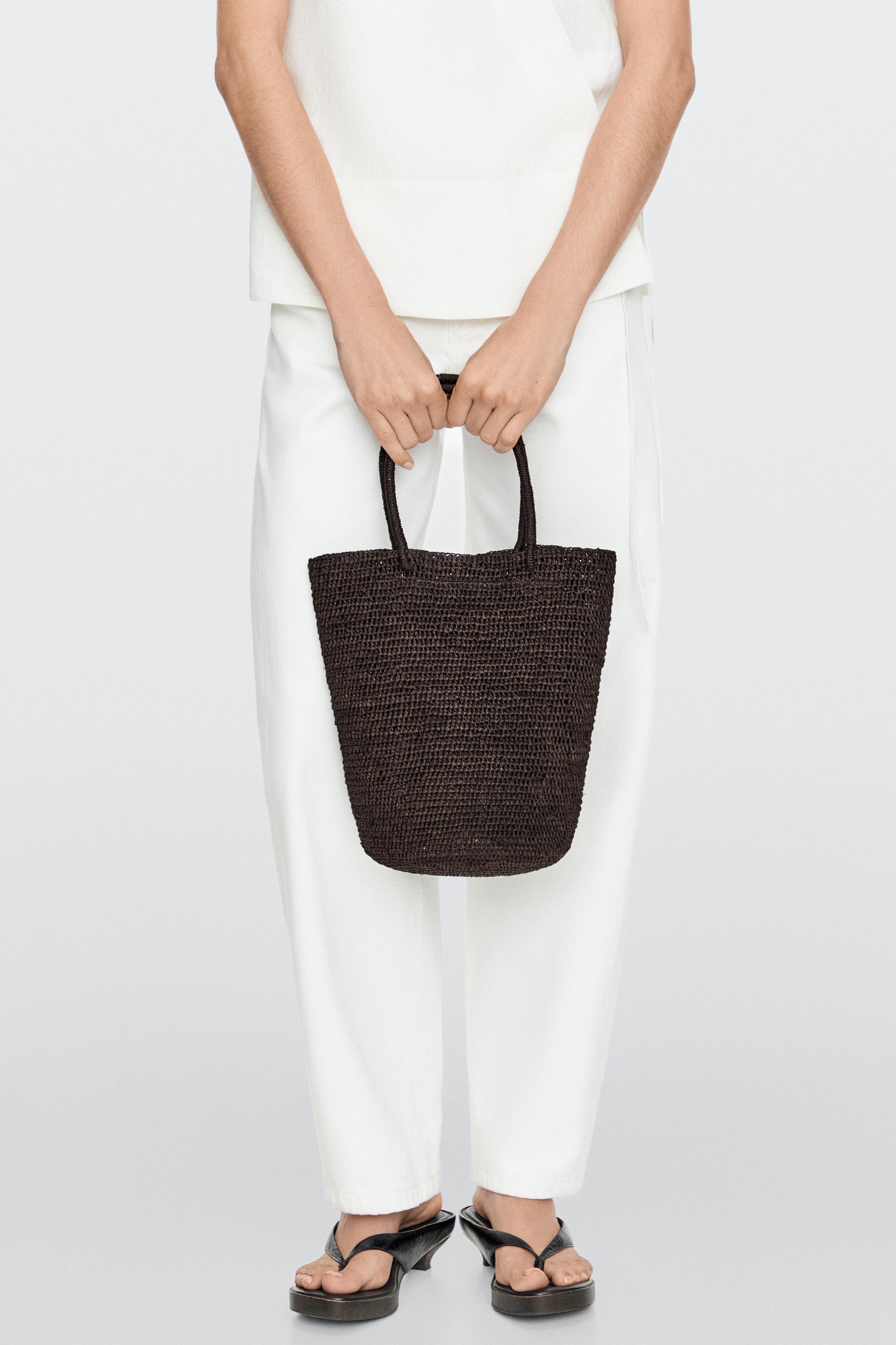 Mini raffia bucket bag — Brown