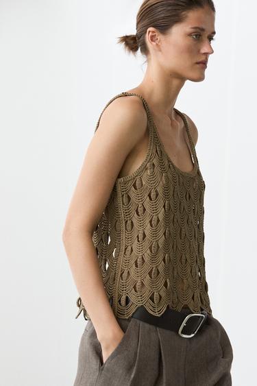 Zara Strappy top with crochet detail - Khaki