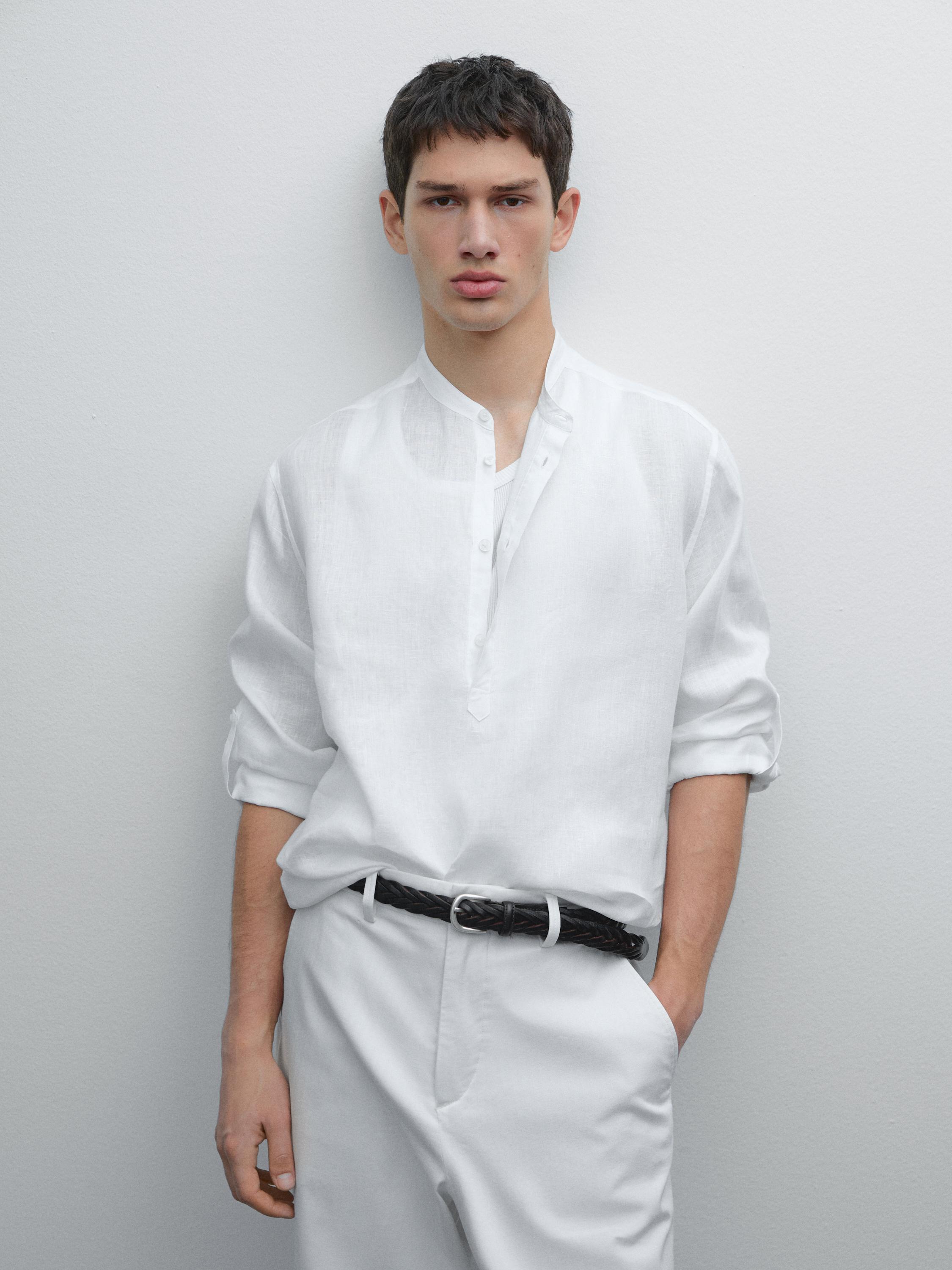 100% linen stand-up collar shirt - White | ZARA United States