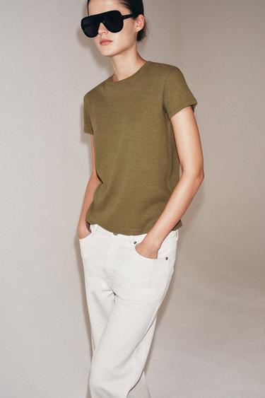 Zara SHORT SLEEVE LINEN BLEND T-SHIRT - Dark olive