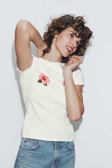 T-SHIRT MANCHES COURTES IMPRIMÉ FLEUR - Blanc de Zara - Image 1