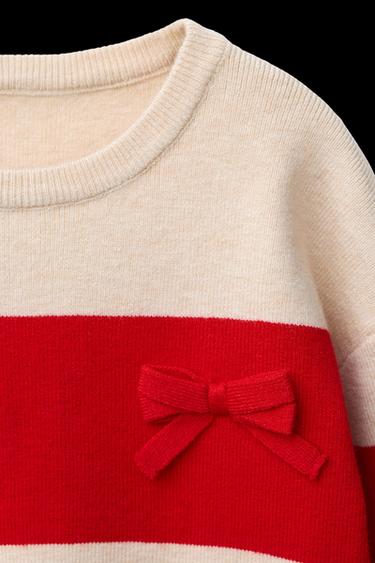 Zara STRIPED KNIT SWEATER WITH BOWS - Ecru / Red