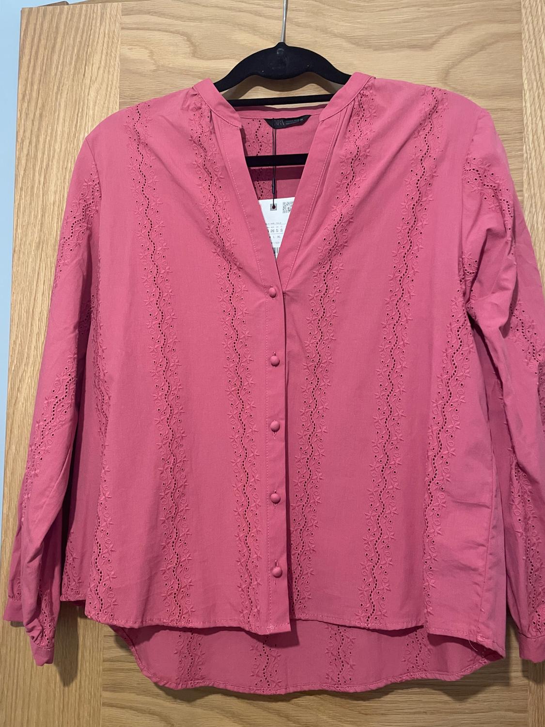 Pink blouse with buttons and embroidered details on the front and sleeves, hanging on a black hanger over a light wooden door.