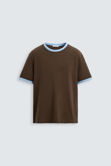 BASIC CONTRAST RIB T-SHIRT - Brown by Zara