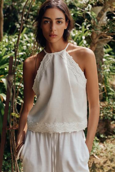 Zara HALTER TOP WITH CROCHET DETAIL - White