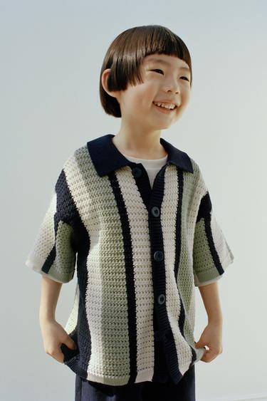 Zara STRIPED KNIT SHIRT - Navy blue
