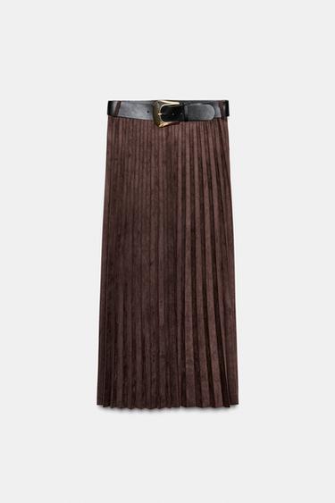 PLEATED FAUX SUEDE MIDI SKIRT WITH BELT - Dark brown by Zara