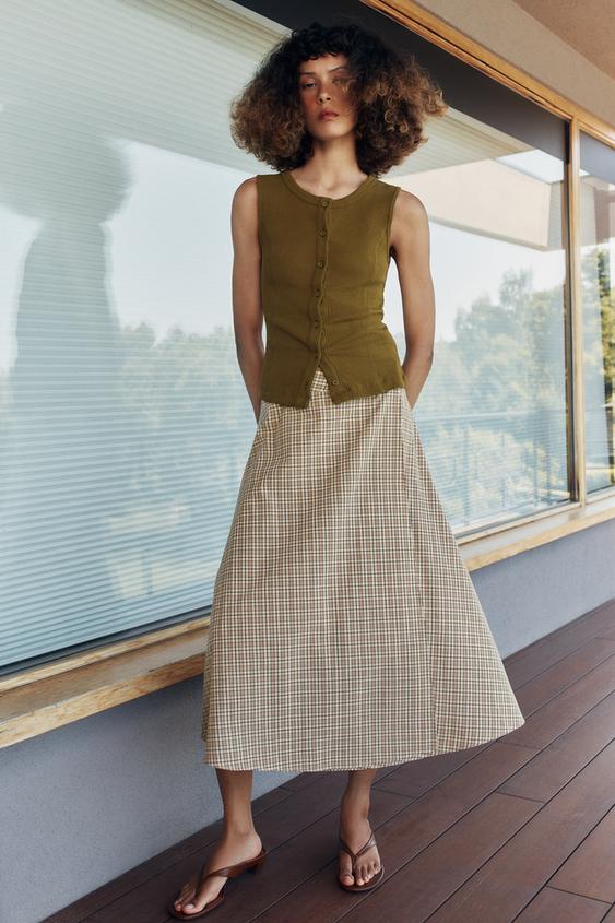 FALDA MIDI CUADROS - Crudo / Beige de Zara - Imagen 0