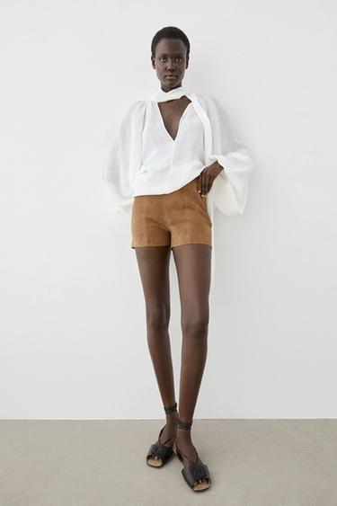 Zara Suede leather shorts with seam details - Dark mink