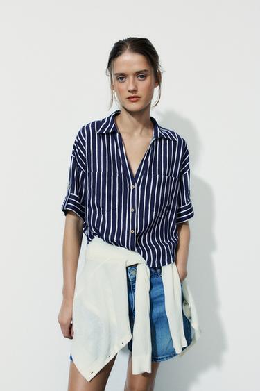 Zara STRIPED LINEN SHIRT - Blue / White