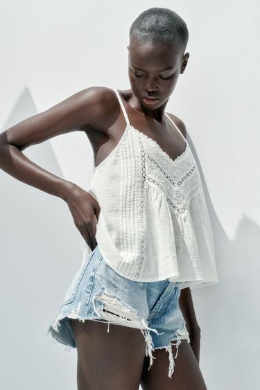 EMBROIDERED COTTON TOP - Oyster-white by Zara