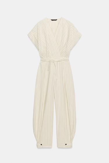STRIPED JUMPSUIT WITH BELT - Ecru / Blue by Zara - Image 8