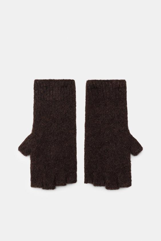 Zara SHORT KNIT MITTENS - Brown - Image 0