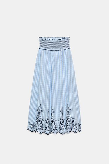 EMBROIDERED CHECK MIDI SKIRT - Blue/White by Zara - Image 4