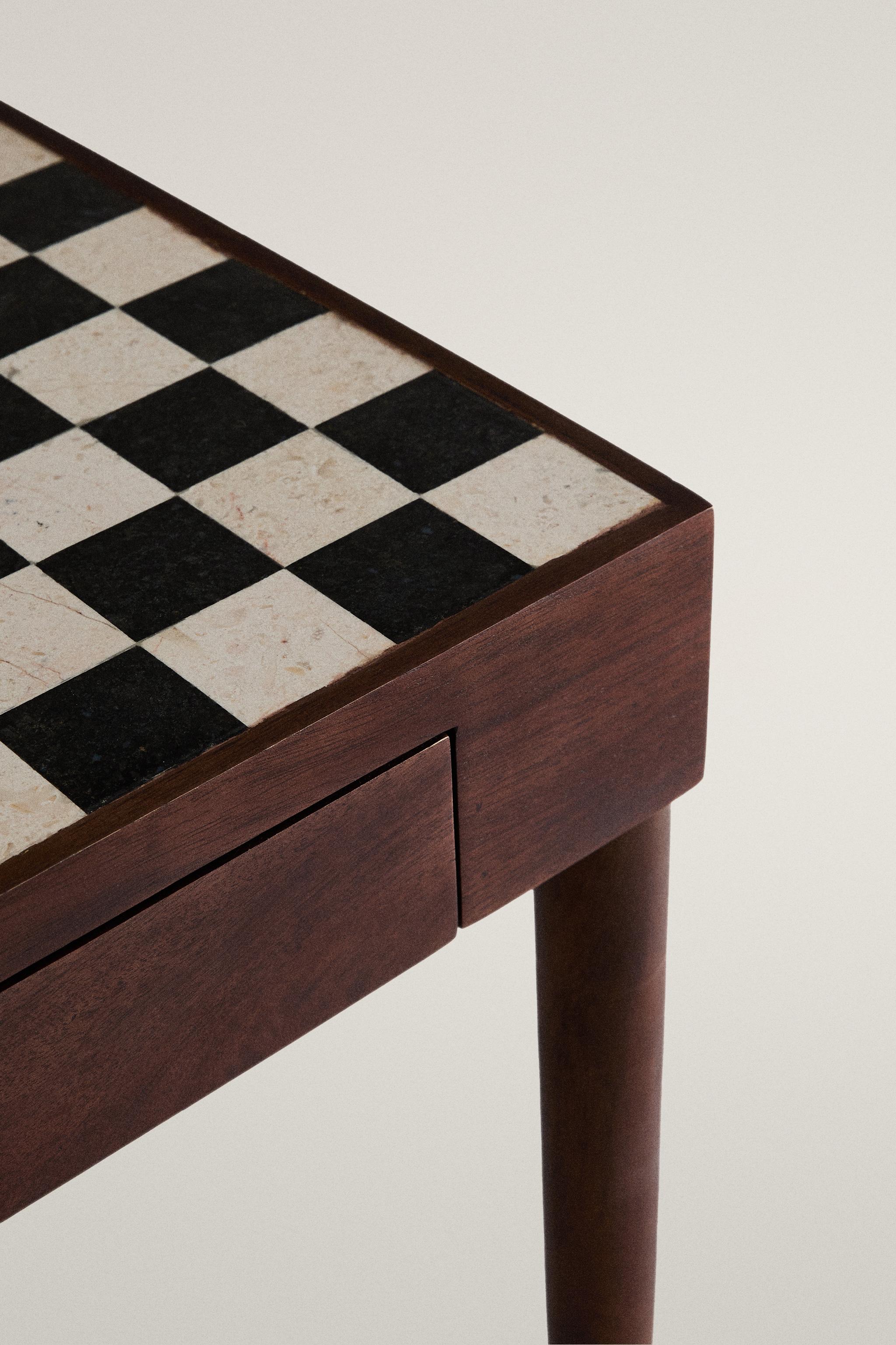 TEAK SIDE TABLE WITH MARBLE CHESS TOP