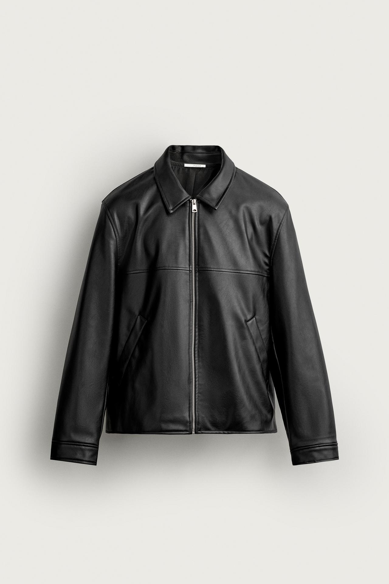 REGULAR FIT FAUX LEATHER-EFFECT JACKET — Black