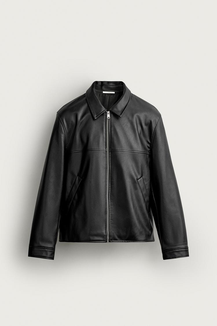 REGULAR FIT FAUX LEATHER-EFFECT JACKET — Black