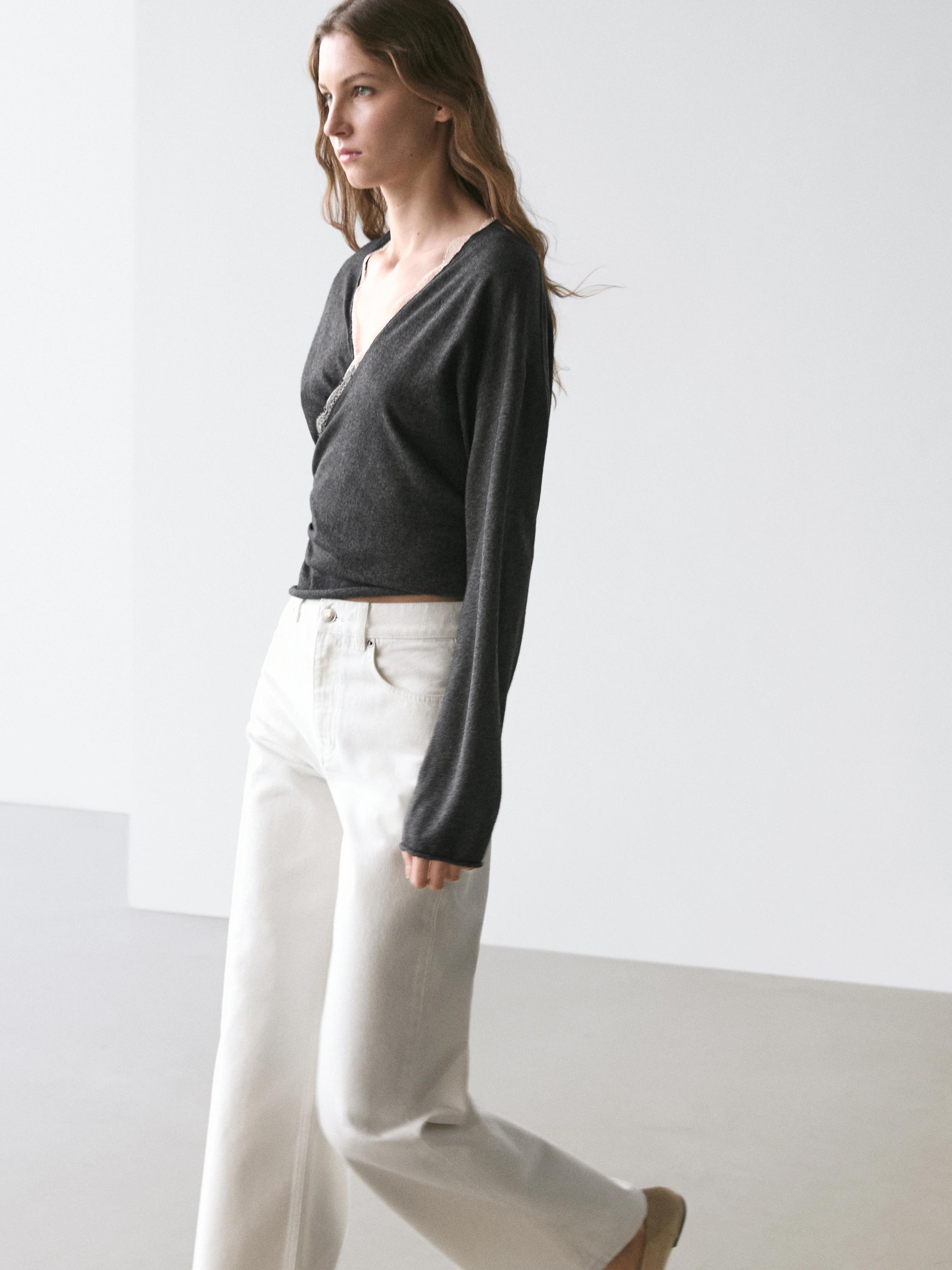 Cross-over knit cardigan with lace detail
