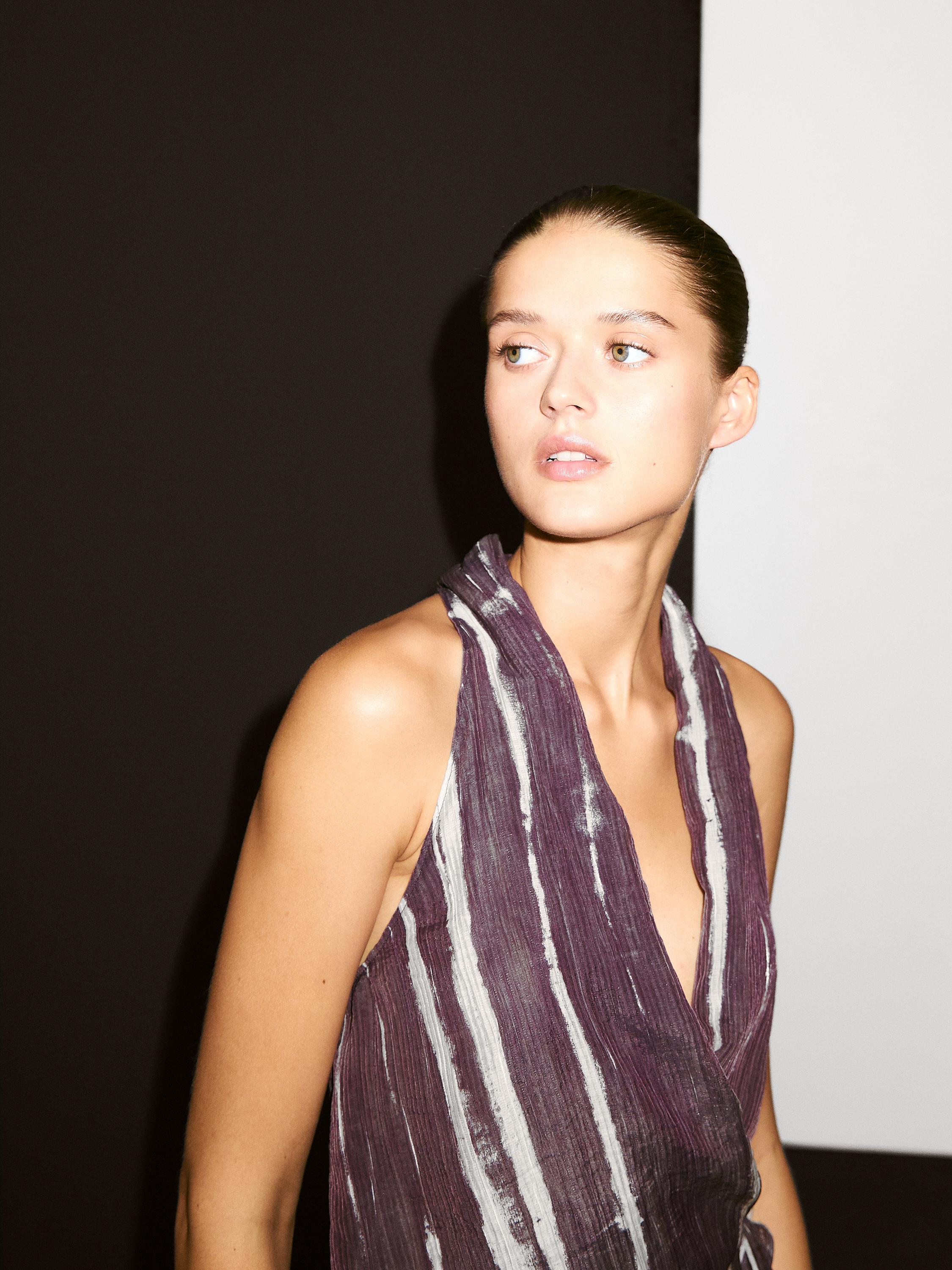 Stripe print crossover halter top