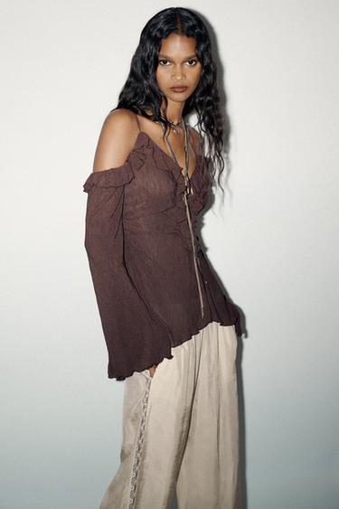 TOP ÉPAULES DÉNUDÉES VOLANTS - Marron de Zara - Image 3