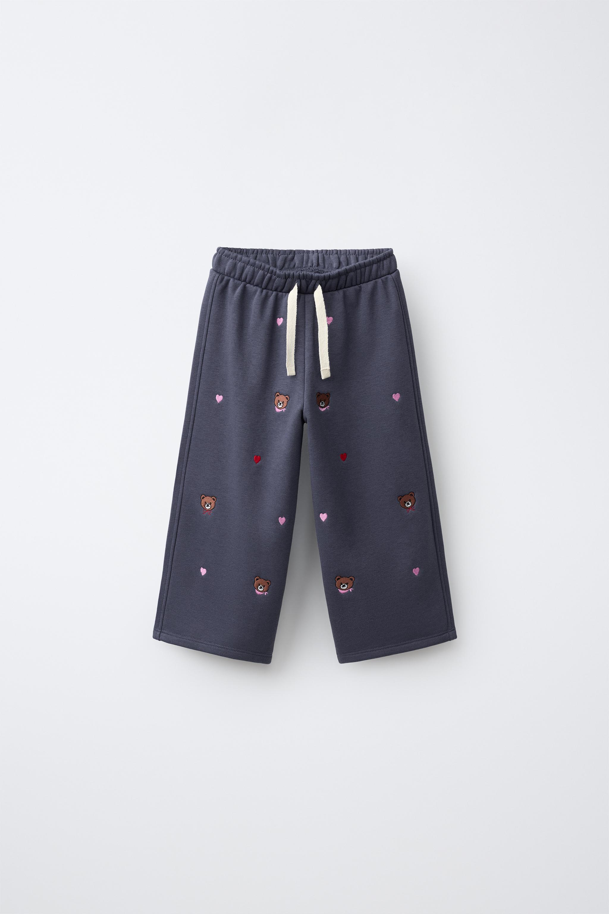 WIDE LEG EMBROIDERED BEAR PLUSH PANTS — Navy blue
