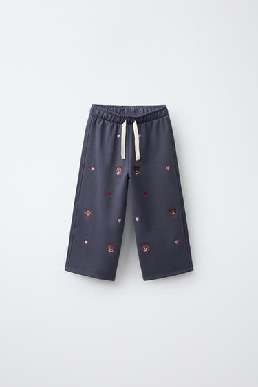 EMBROIDERED BEAR WIDE-LEG PLUSH TROUSERS - Navy blue by Zara