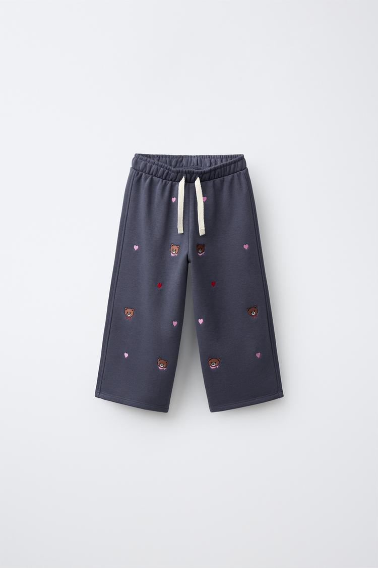 WIDE LEG EMBROIDERED BEAR PLUSH PANTS — Navy blue