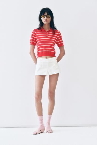 Zara 條紋短袖針織POLO衫 - 紅色