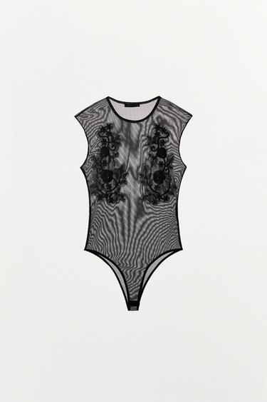 EMBROIDERED TULLE BODYSUIT - Black by Zara - Image 3