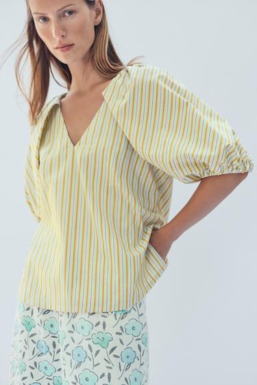 BLOUSE À RAYURES ET MANCHES BOUFFANTES ÉDITION LIMITÉE - Citron vert de Zara - Image 4