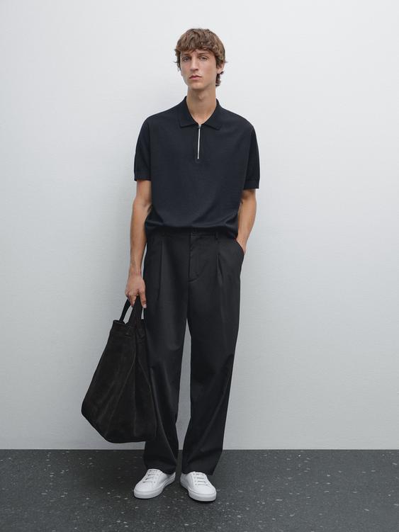 Knit polo shirt with zip collar