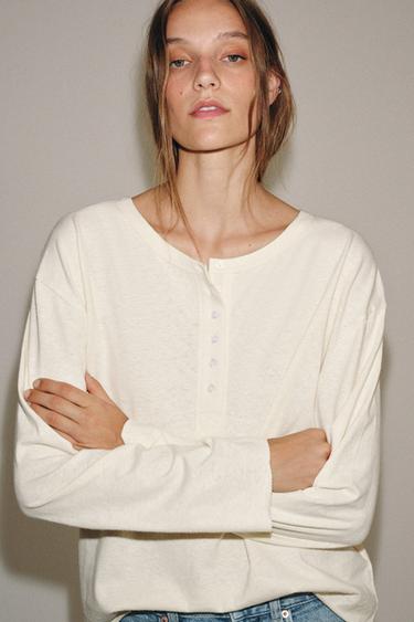 RUSTIC HENLEY T-SHIRT - Ecru by Zara