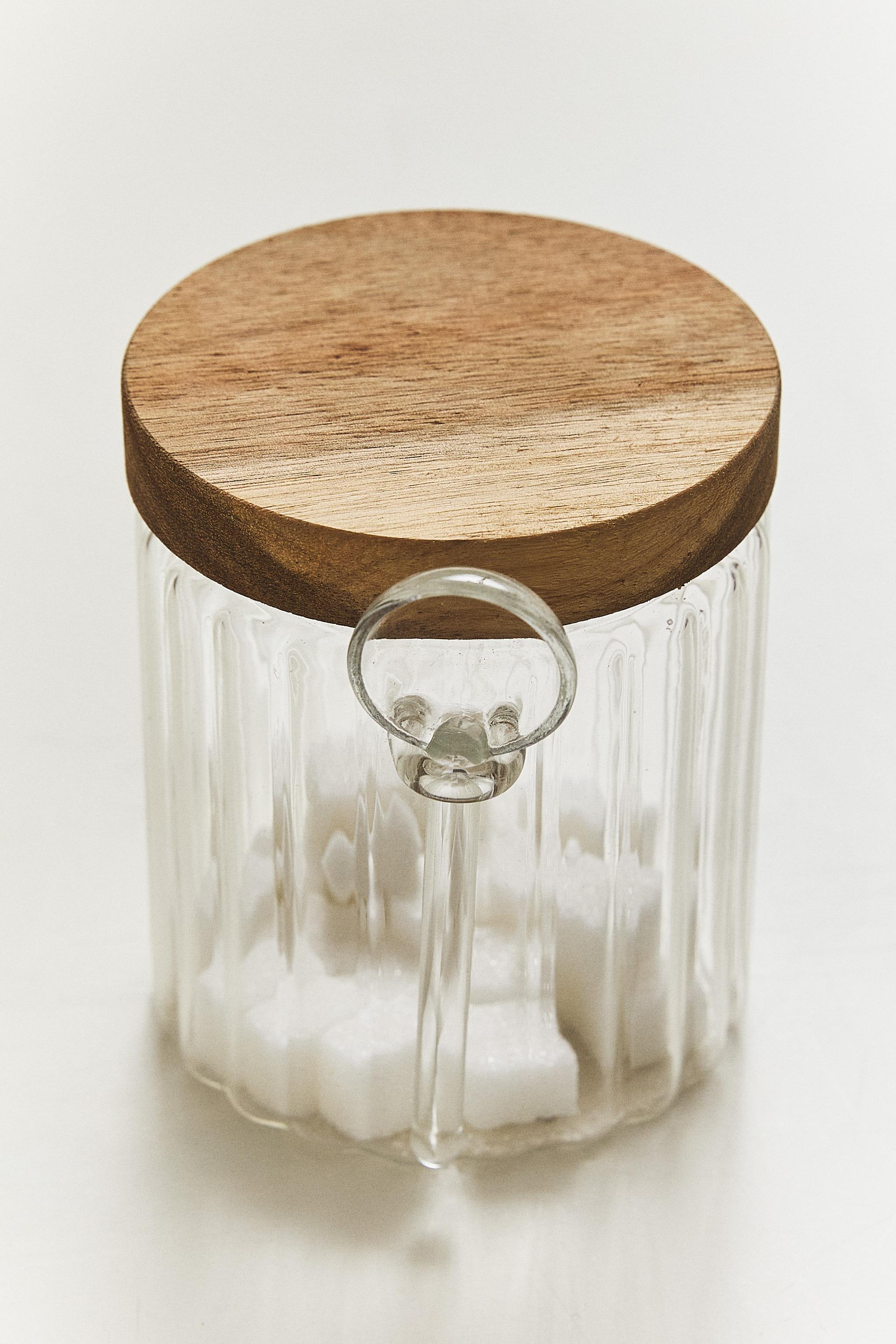 BOROSILICATE GLASS AND WOOD SUGAR BOWL — Transparent