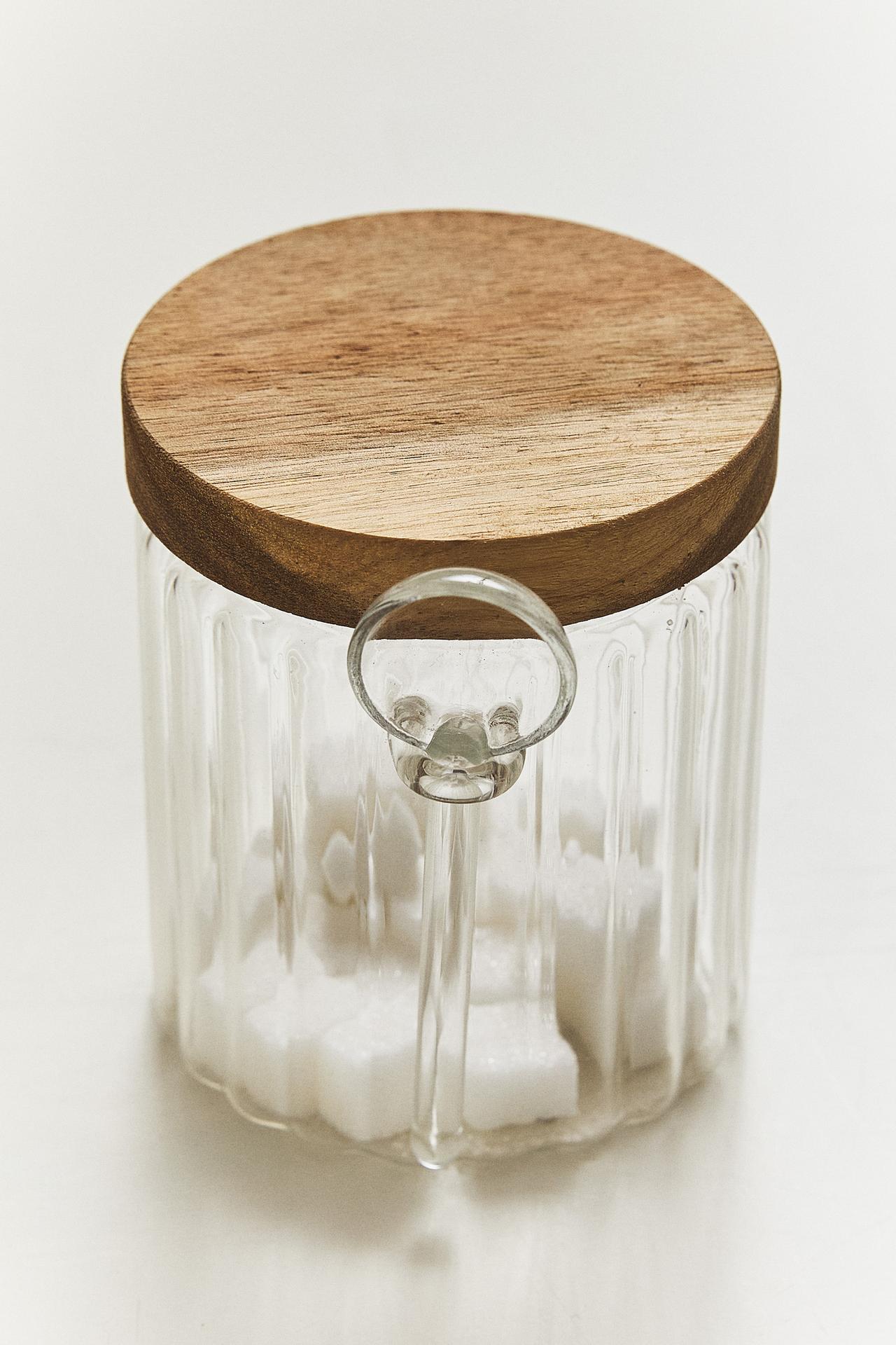 BOROSILICATE GLASS AND WOOD SUGAR BOWL — Transparent