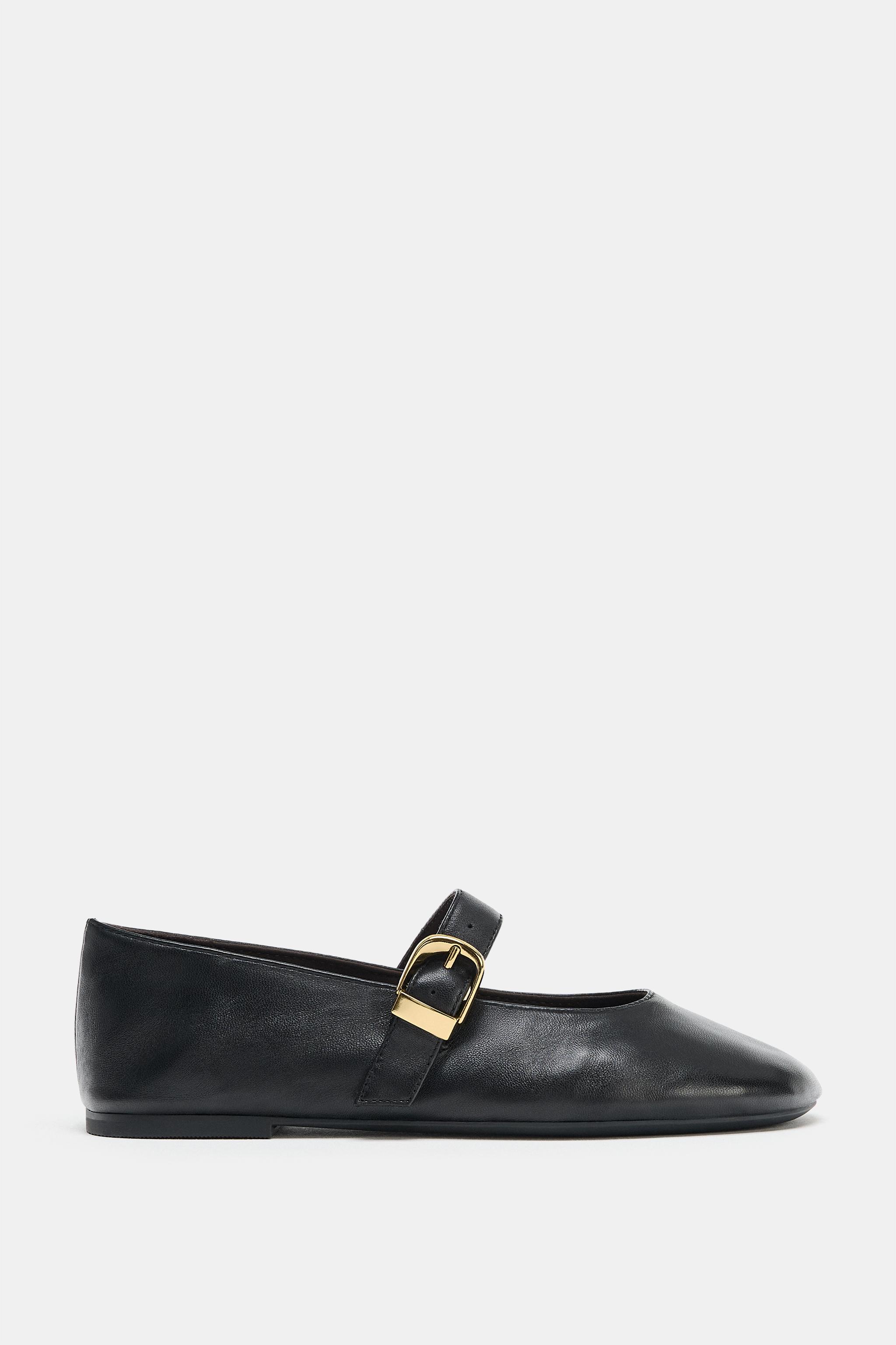 LEATHER BUCKLE BALLET FLATS — Black