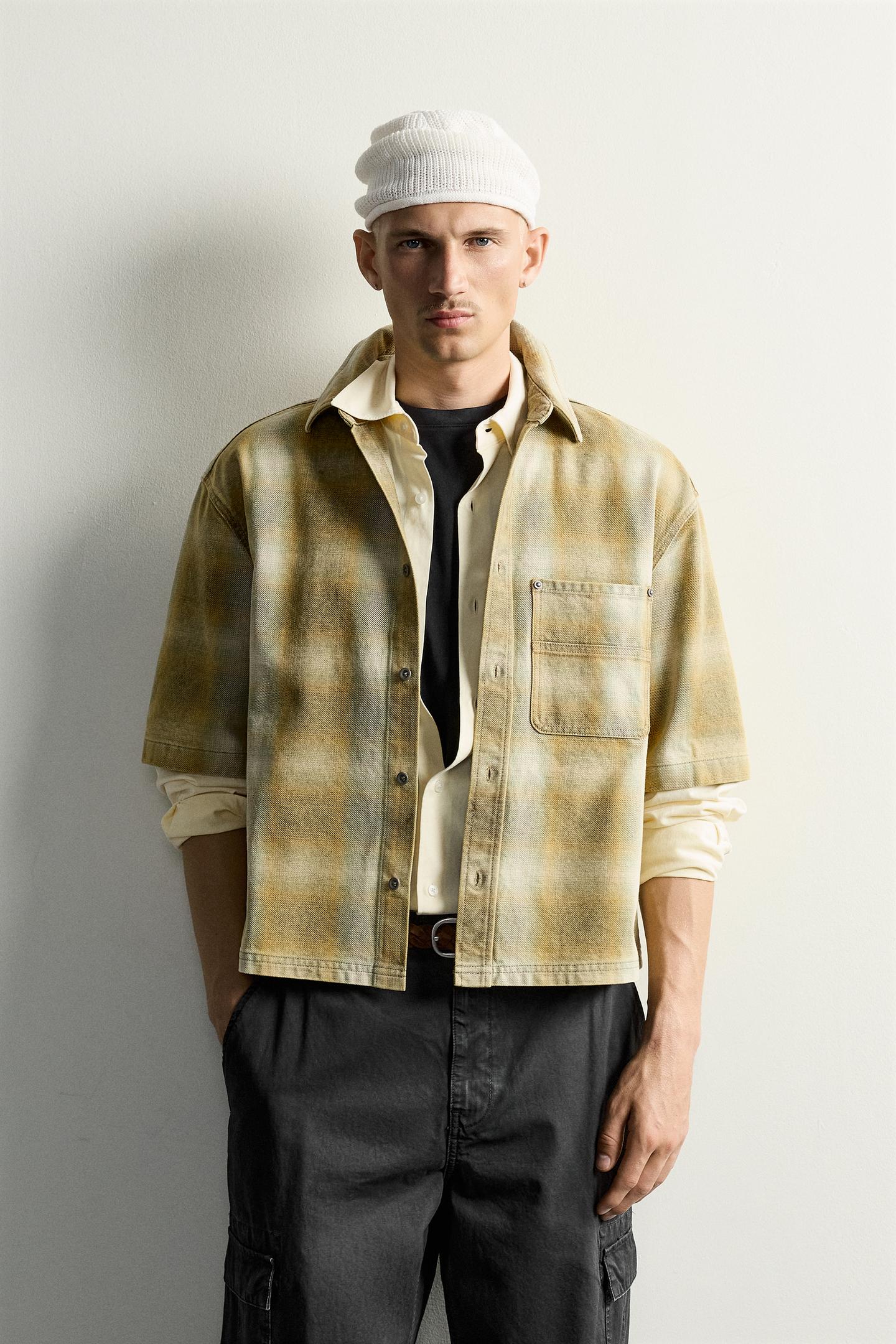 Мужская рубашка Zara Boxy Fit Check, цвет: Жёлтый — фото 2