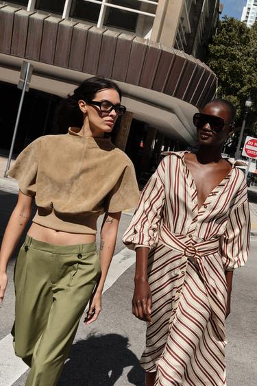 ROBE MI-LONGUE AVEC CEINTURE À RAYURES - Écru / Grenat de Zara - Image 6