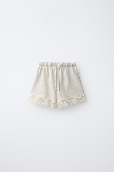 Zara 蕾絲絨布短褲 - 斑紋米色 - 圖片 0