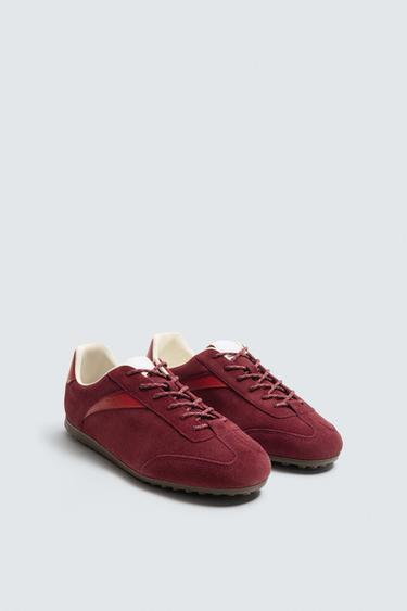 Zara LEATHER SNEAKERS - Burgundy Red