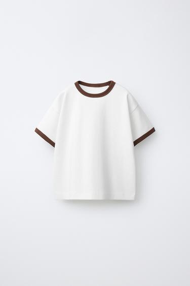 Zara CONTRAST PIPING T-SHIRT - Brown