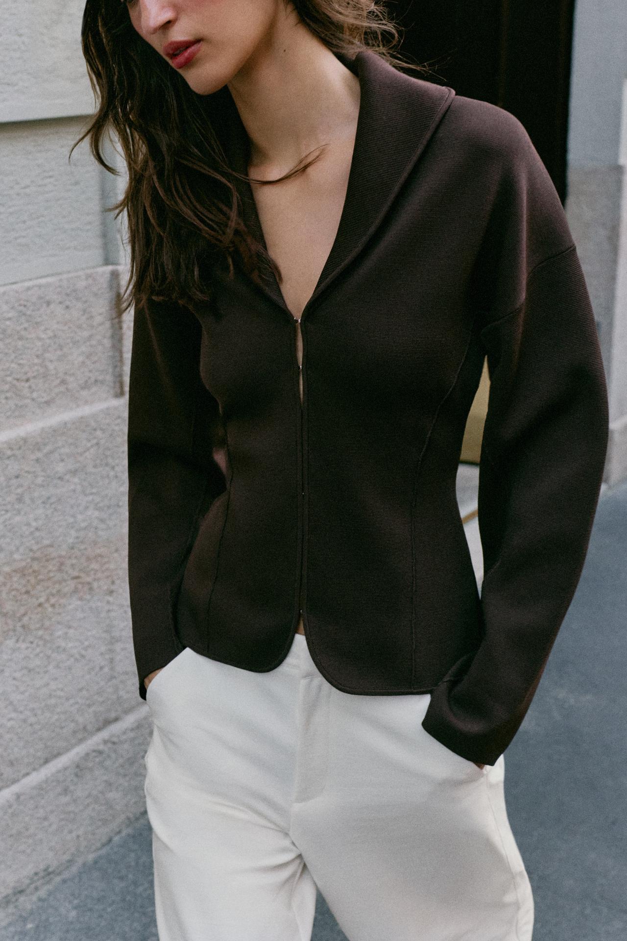 CARDIGAN WITH HOOK AND EYE FASTENING — Brown