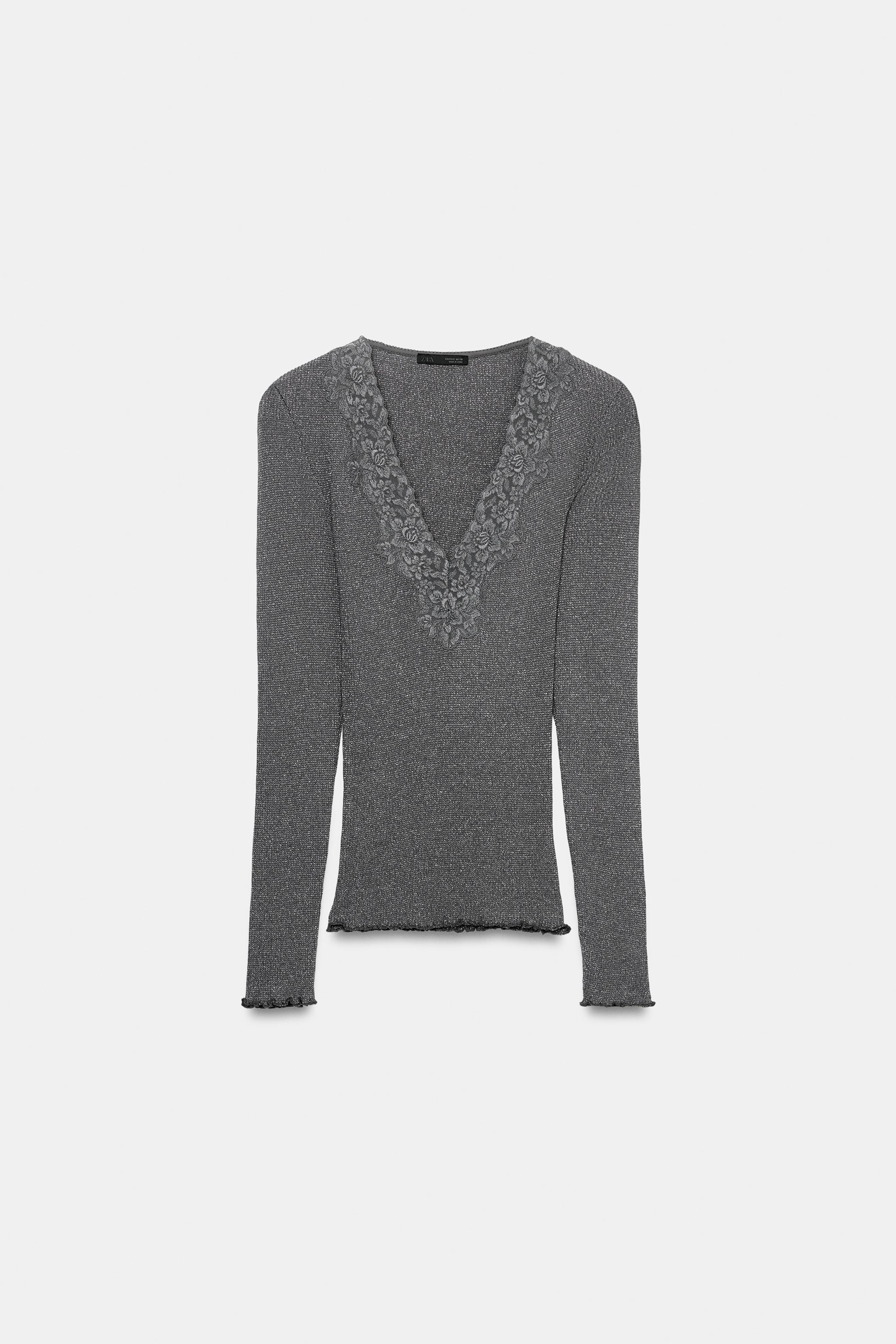 Zara METALİK İPLİKLİ DANTEL DETAYLI T-SHIRT görsel 6