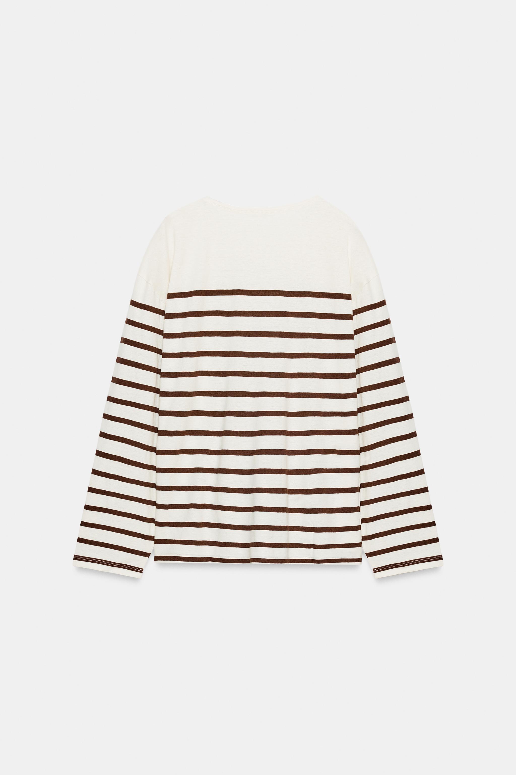 Zara ÇİZGİLİ PAMUKLU VE KETEN T-SHIRT görsel 7
