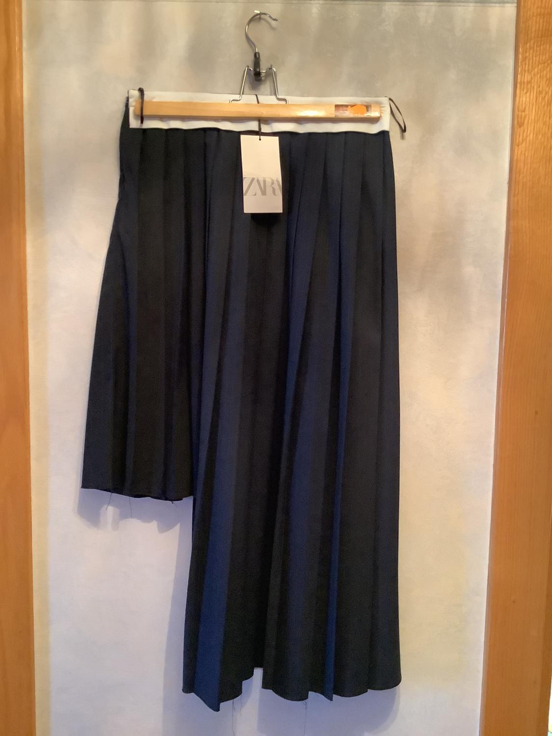 Black pleated skirt hanging on a wooden hanger with a visible tag. Light background and wooden wall to the sides.