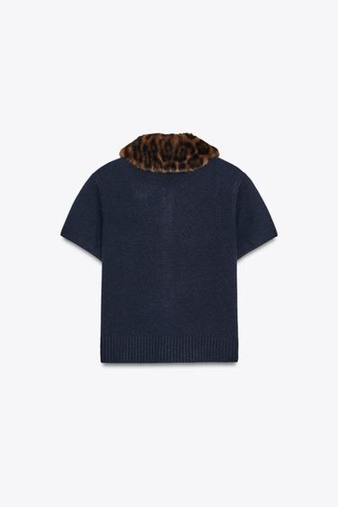 ANIMAL PRINT COLLAR KNIT CARDIGAN - Navy blue by Zara - Image 1