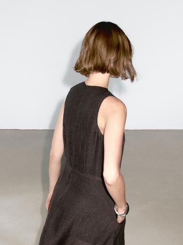 Zara 100% linen midi dress with frayed trims - Chocolate - Image 0